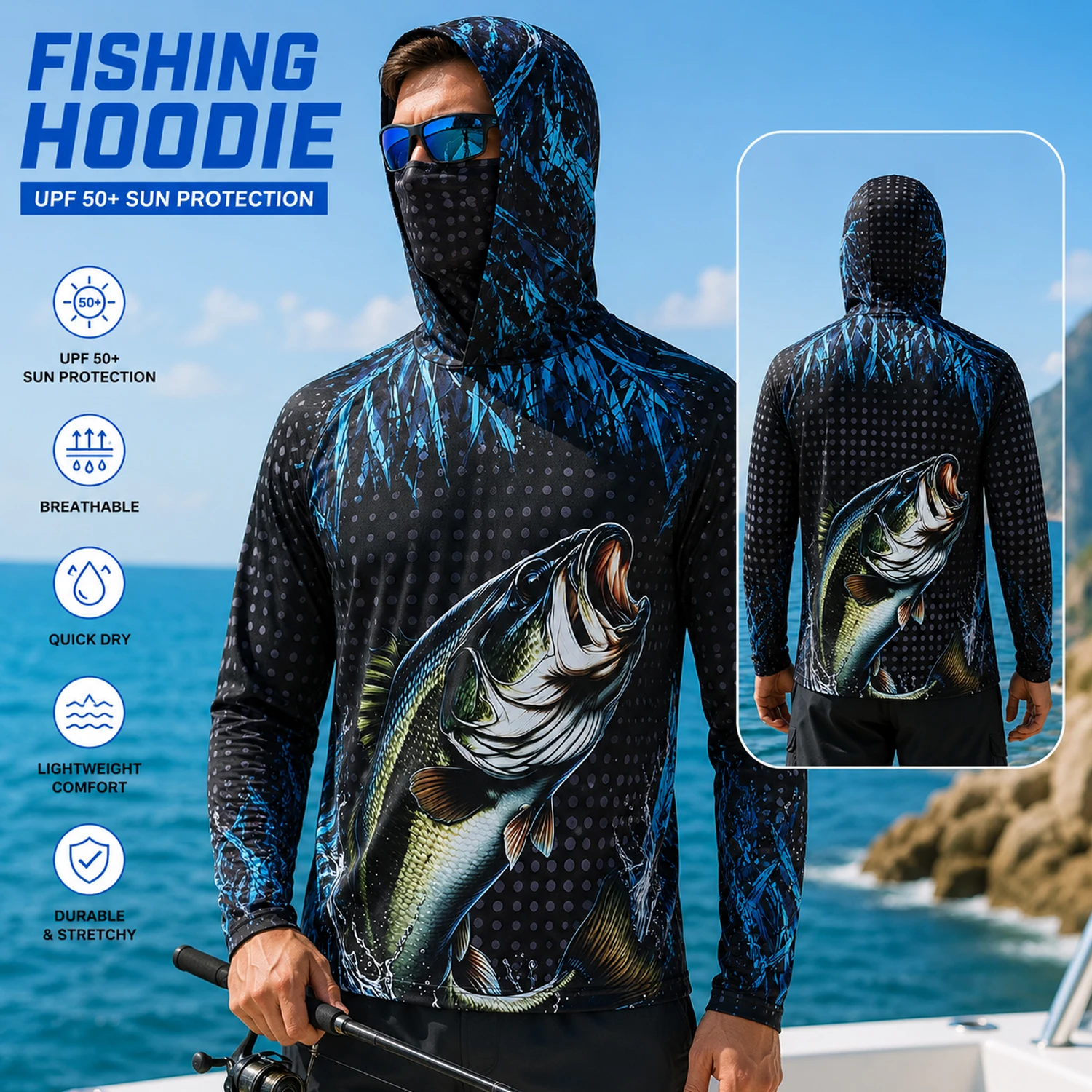 Fishing Mask Sun Protection - Herren-Angelhoodie mit UPF50+ und Gesichtsmaske, schnelltrocknend,
